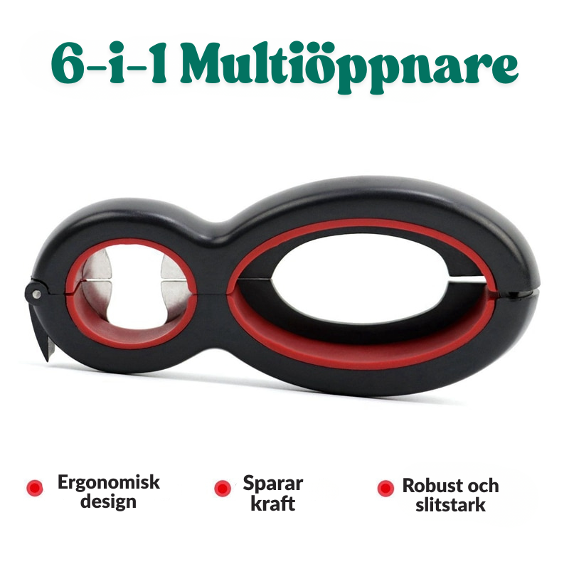 Smidig multifunktionell öppnare 6-i-1 för burkar och flaskor