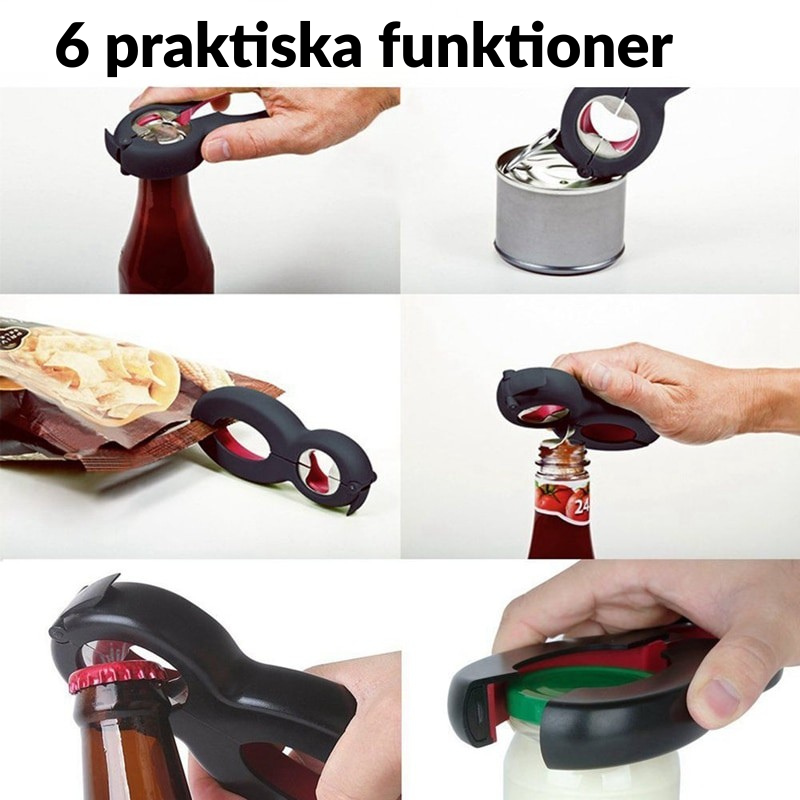 Smidig multifunktionell öppnare 6-i-1 för burkar och flaskor