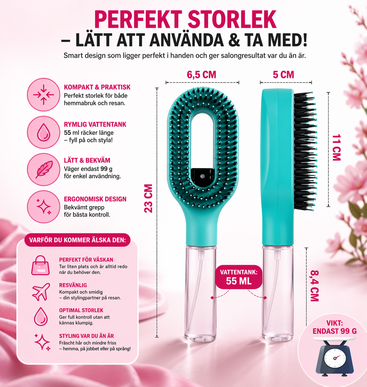Anti-Frizz Hårborste med One-Click Spray – Slätare & Glansigare Hår Direkt